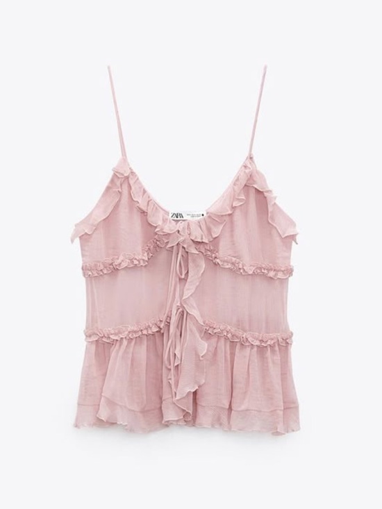 Zara Tops - Zara Semi Sheer Ruffle Tie Front Tank Top Size Small Fairycore Coquette Y2K Pink